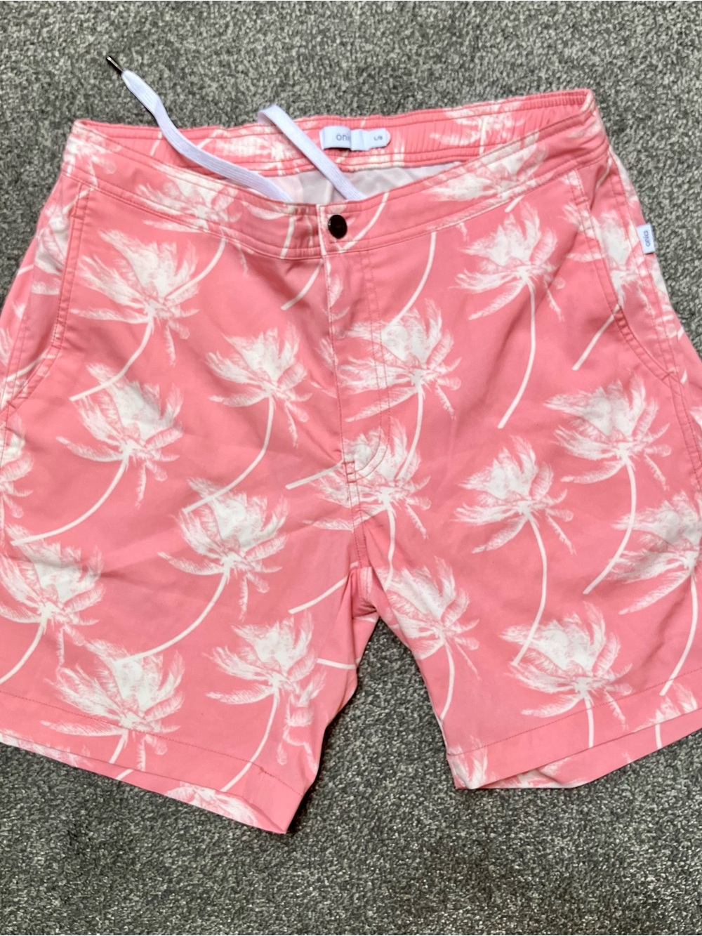 Onia The Calder Sz L Coral Pink Palm-Print Swim Shorts Trunks Hybrids Men’s